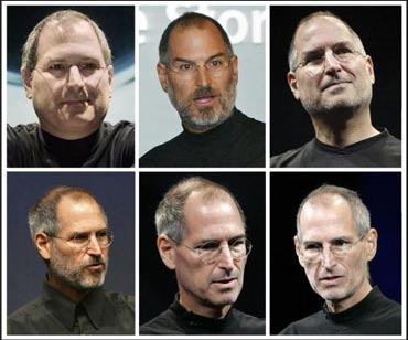 Steve Jobs is shown in photograph dating (top L to R) 2000, 2003, 2005, (bottom L to R) 2006, 2008 and 2009.
