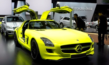 The Mercedes-Benz gull-winged SLS E-cell roadster is on display at press preview of North America.