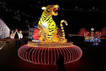 A tiger lantern is seen at the gate of Longqingxia valley at the Yanqing ice and snow festival.