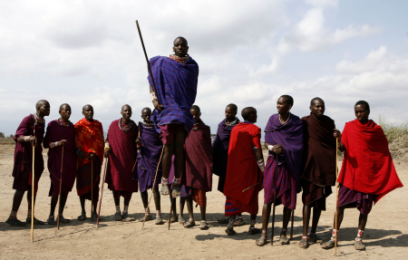 Maasai warriors perform a traditional dance.