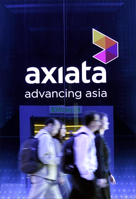 An Axiata logo is seen at its headquarters in Kuala Lumpur.