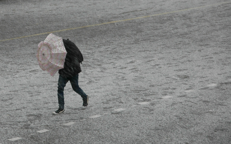 A commuter takes shelter under an umbrella during a heavy snowfall in Shimla.
