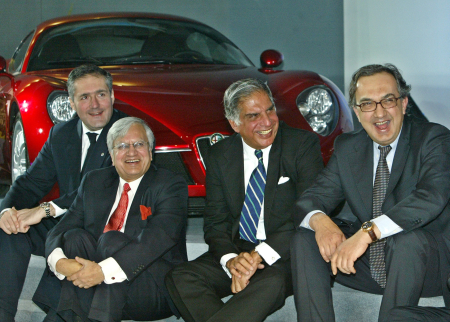 Sergio Marchionne, right, CEO, Fiat; Ratan Tata; Ravi Kant, Managing Director, Tata Motors; and Alfredo Altavilla, CEO, Tofas, in New Delhi.