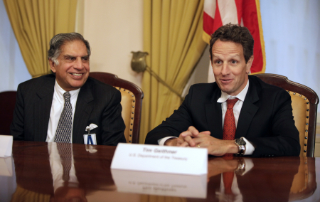 US Treasury Secretary Timothy Geithner with Ratan Tata in Washington, DC.