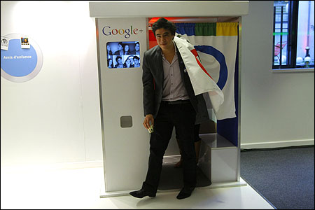 An employee leaves a photobooth.