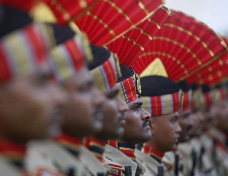 Indian Border Security Force soldiers take part in Independence Day celebrations in Agartala.