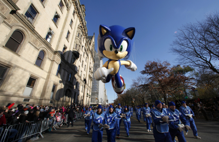 The Sonic the Hedgehog balloon floats down Central Park West during the 85th Macy's Thanksgiving day parade in New York City.