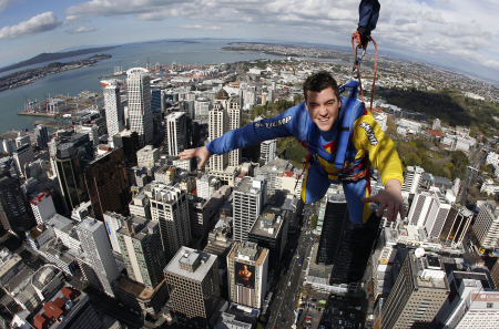 Skyjumper Brad Smith poses for a photograph before he jumps from atop the Sky Tower in Auckland.