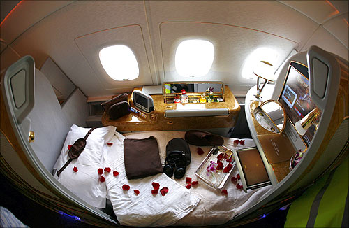 A first class seat is seen on board an Emirates Airbus A380-800.