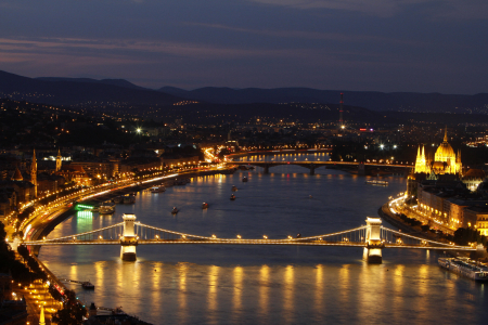 The cityscape of Budapest with the Chain Bridge seen from the Gellert Hill.