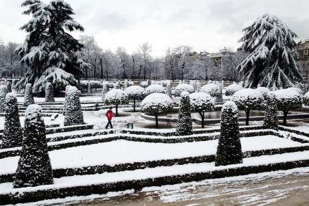 A man walks through a snow covered Retiro park in Madrid.