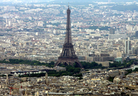 An aerial view shows the Eiffel tower in Paris.