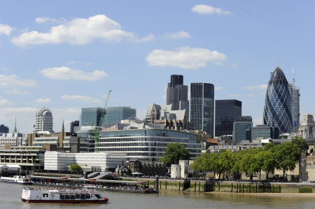 The financial district is seen in a view across the River Thames in London.