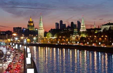 A view of Moscow's Kremlin, Ministry of Foreign affairs and Moscow City business district.