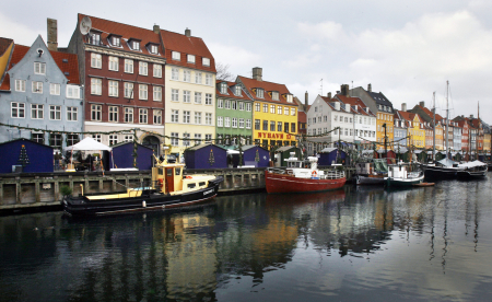 Boats are seen anchored at the 17th century Nyhavn district in Copenhagen.