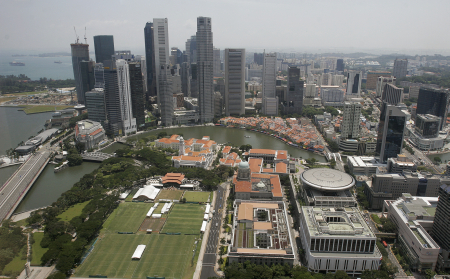 An aerial view of the financial district in Singapore.