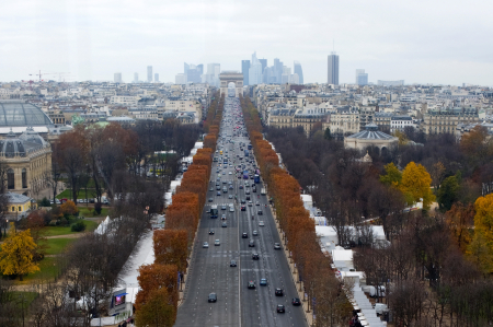 A general view shows the Champs Elysees Avenue and the Arc de Triomphe monument in Paris.