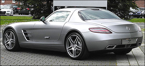 Side-rear view of Mercedes Benz SLS AMG.