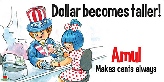 Amul ad takes on depreciation of rupee versus dollar.