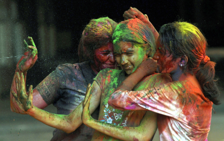Girls play holi in Chennai.