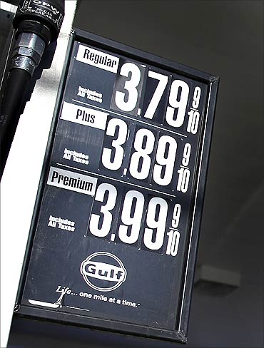 Gas prices are seen posted at a petrol station in New York.