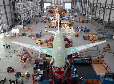 General view of an A320 production line at the Airbus facility in Finkenwerder near Hamburg.