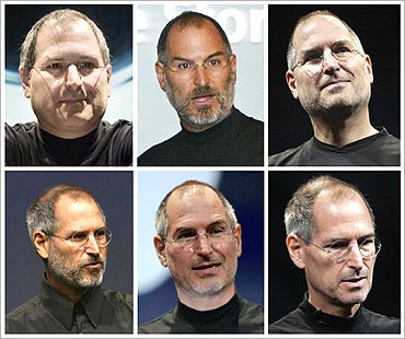 Former Apple CEO Steve Jobs is shown in this combination photo of file photographs.