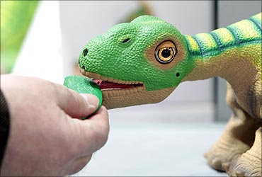 A man feeds a Pleo, an interactive robotic baby dinosaur toy, at the CeBIT computer fair in Hanover.