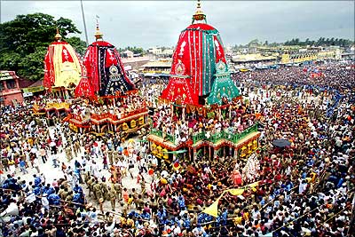 Devotees gather around the chariots of Lord Jagannath during the Puri chariot festival in Orissa.