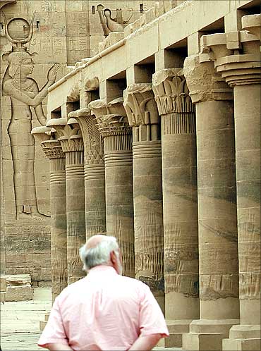 A tourist visits Fiela Temple in Aswan.