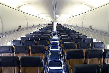 The interior of a Southwest 737 700 with the airline's leather seating.