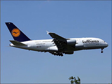 Lufthansa's first Airbus A380 landing at Dusseldorf International Airport.