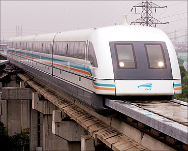 Shanghai's maglev train arrives at Long Yang station.