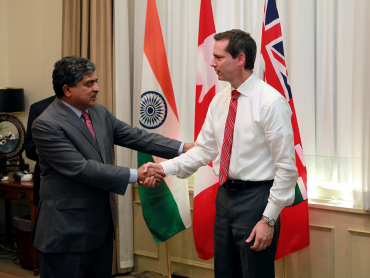 Nilekani being received by Ontario Premier Dalton McGuinty at his Queen's Park office.