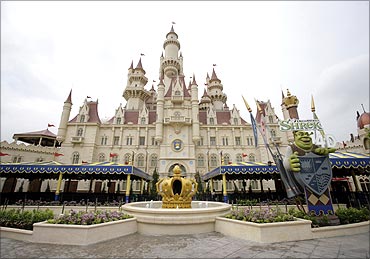 An exterior view shows the castle, a part of Universal Studios theme park in Singapore.