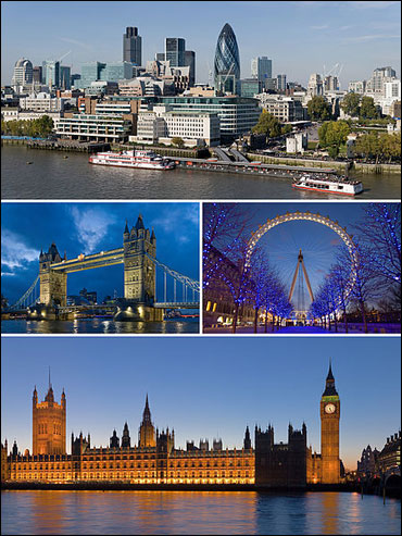 From upper left: City of London, Tower Bridge and London Eye, Palace of Westminster.