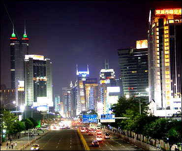 View of Shun Hing Square, Shenzhen, at night.