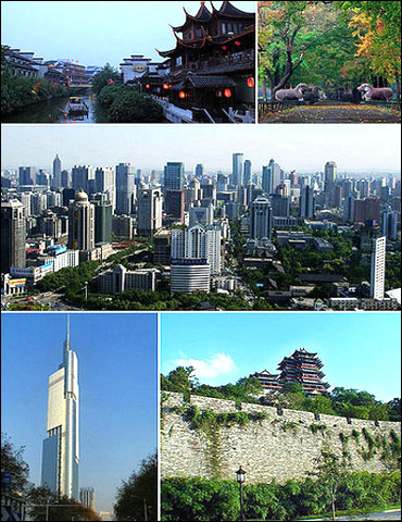 Clockwise from top: Qinhuai River, Ming Xiaoling Mausoleum, Nanjing Downtown, City Wall of Nanjing, Zifeng Tower.