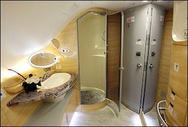 The bathroom with a shower stall for first class passengers is seen inside Emirates' Airbus A380.