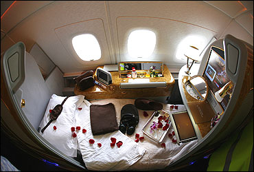 A first class seat on board an Emirates Airbus A380-800 after it landed at Manchester Airport.