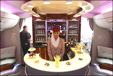 A picture shows the bar in the first class section on board an Airbus A380 passenger plane.