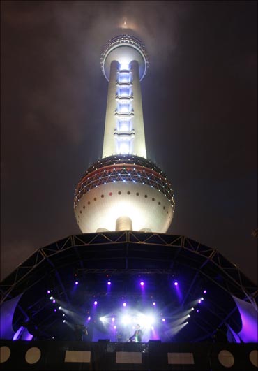 The Pearl Tower at the new business district in Shanghai.