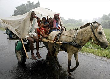 People move in a horse-cart during heavy rain at Murliganj village of Madhepura district.