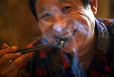 Yang Hongchang, boss of  a snake rearing company eats a snake at a restaurant in Zisiqiao village.