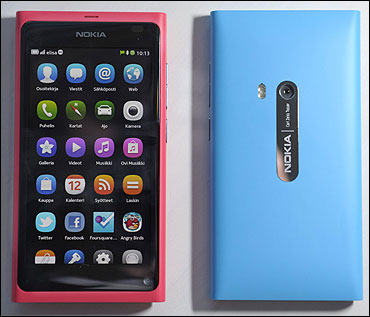 The Nokia N9 smartphone is displayed at a Nokia news conference in Espoo, Finland.
