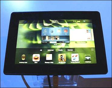 The PlayBook tablet is displayed at the GSMA Mobile World Congress in Barcelona.