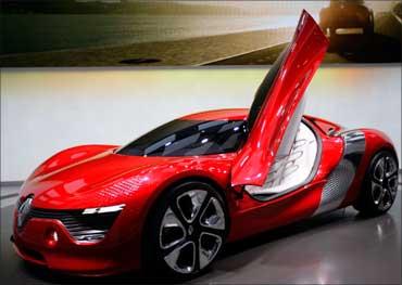 A battery-powered Renault DeZir concept car is displayed during the first media day of the 81st Geneva International Motor Show at the Palexpo on March 1, 2011.