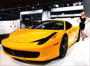 The Ferrari 458 Italia is displayed during the press days for the North American Auto Show.