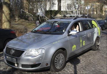 This car, named 'MadeInGermany', is a modified Volkswagen Passat and controlled by 'BrainDriver'.