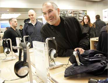 Jobs at the grand opening of the Apple Store on 5th Avenue in New York on May 19, 2006.